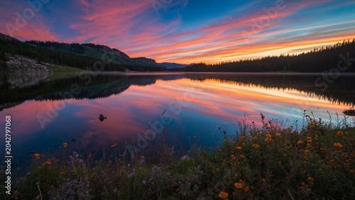 Serene Symmetrical Mountain Lake Landscape in Peaceful Morning Light