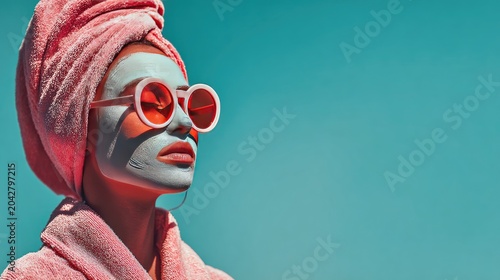 Relaxing Woman with Face Mask and Sunglasses in Spa, Turquoise Background, Pampering and Self-Care Atmosphere