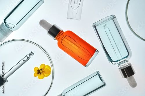 Set of cosmetic bottles, droppers and petri dishes for face and body