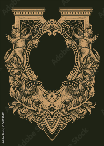 Highly Detailed Vintage Engraving Frame with Cherubs - Vector EPS 10