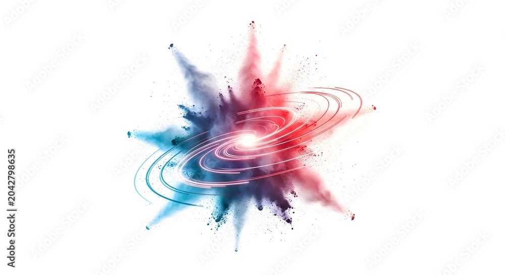 Obraz premium Abstract colorful powder explosion with glowing cosmic light rings