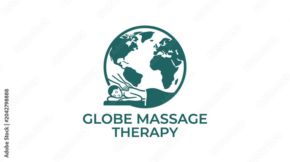 Fototapeta premium Global massage therapy logo concept with stylized earth and person receiving treatment