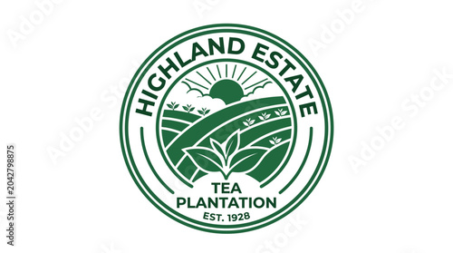 Vintage tea plantation logo with rolling hills and sun graphic element