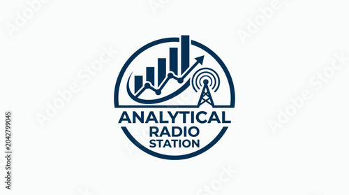 Vector logo for analytical radio station with growth chart and broadcast tower