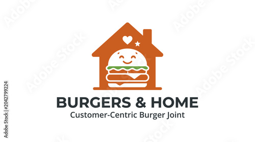 Tableau sur toile Happy burger character inside a house silhouette, conveying comfort food and home delivery