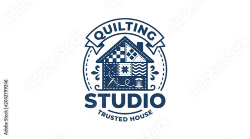 Quilting studio logo design with house and fabric patterns, vector graphic element.