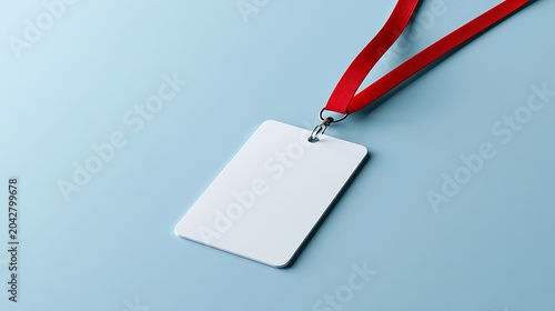 Awesome photo of blank white id badge with red lanyard on blue surface mockup.