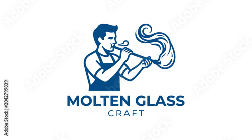 Foto Glassblower blowing molten glass with text Molten Glass Craft, vector illustrati