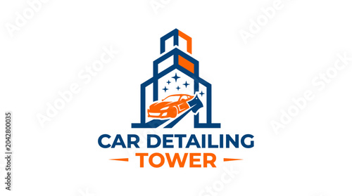Modern vector logo for car detailing service, combining a building and a car.