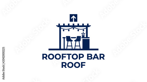 Vector illustration of a modern rooftop bar with seating and string lights.