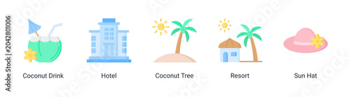 Tablou pe pânză Tropical resort icon set featuring hotel,coconut drink and summer vacation elements for tourism and leisure designs