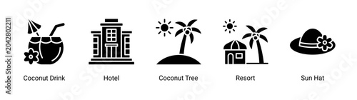 Slika na platnu Tropical resort icon set featuring hotel,coconut drink and summer vacation elements for tourism and leisure designs