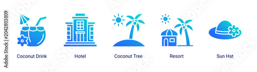 Valokuva Tropical resort icon set featuring hotel,coconut drink and summer vacation elements for tourism and leisure designs