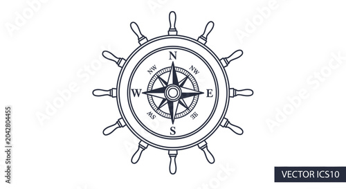 Fotografía Nautical Steering Wheel with Compass Rose, Vector Illustration