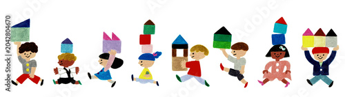 Tableau sur toile 積み木を持って元気に行進する子供たちのイラスト
