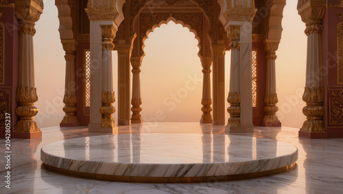 Opulent Indian Palace Interior with Ornate Marble Platform and Golden Arches at Sunset