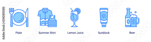 Slika na platnu Holiday leisure icon set featuring summer food and drink elements for tropical vacation and resort projects