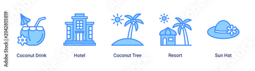 Foto Tropical resort icon set featuring hotel,coconut drink and summer vacation elements for tourism and leisure designs