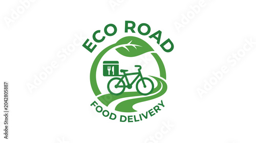 Eco food delivery logo with bicycle on winding road and leaf element