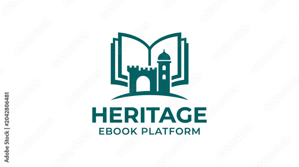 Fototapeta premium Open book forming castle and tower graphic element, ebook platform logo concept