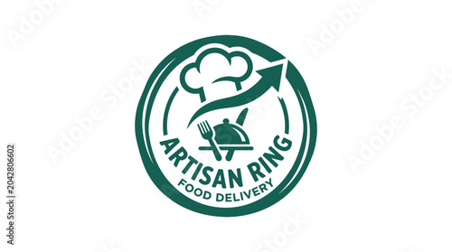 Green circular logo for artisan food delivery with chef hat and upward arrow