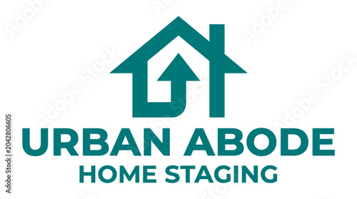 Teal house icon with upward arrow inside, urban abode home staging logo