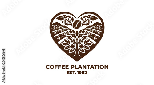 Heart-shaped coffee plantation logo with bean and leaves, graphic element