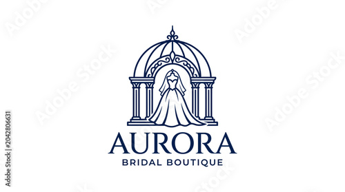 Elegant bridal boutique logo with wedding dress and architectural archway