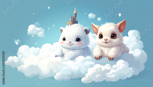 Cute cartoon animals on fluffy clouds.
