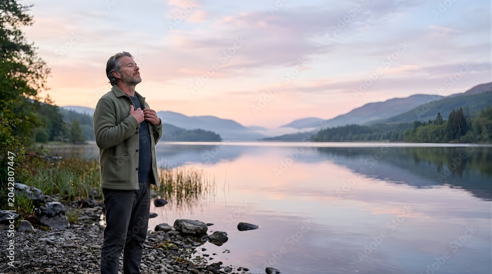 Fototapeta premium Mature man breathing fresh air by a serene lake at sunrise for wellness