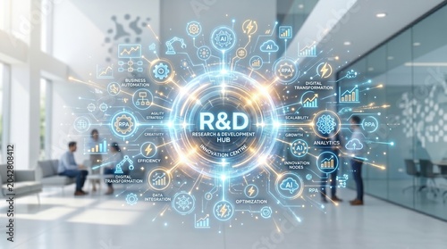 R&D hub showing digital tools and people working in a modern office setting at daytime