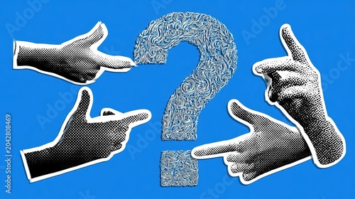 Eye-catching graphic with swirl lined white detailed question mark on solid blue backdrop, three halftone black-white outlined cutout hands guiding focus toward central query icon