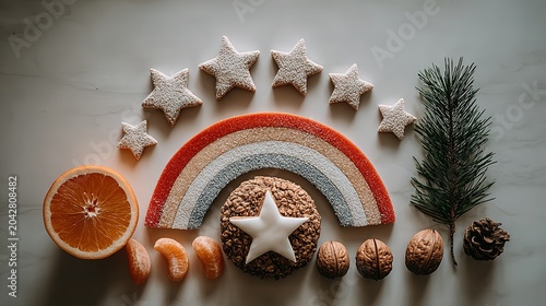 Christmas still life with star and crescent cookies, walnuts, half orange, pine branch and cone, dusted with powdered sugar, white background. 