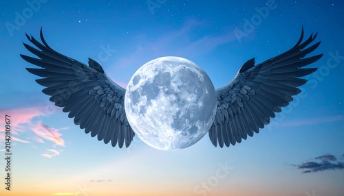 a large moon with wings flying in the sky.