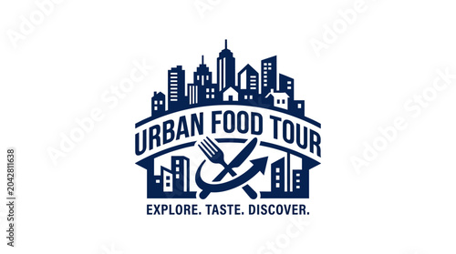 Foto Urban food tour logo with city skyline and cutlery.