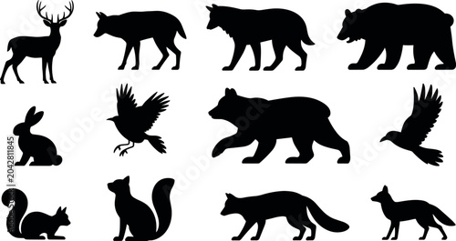 Photography Wild forest animals black silhouettes collection with deer bear wolf fox rabbit