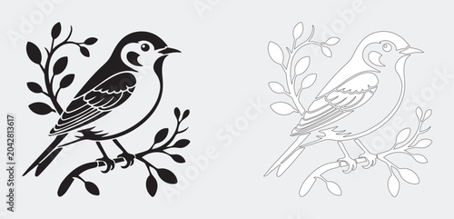 Bild auf Leinwand A silhouette sparrow perched on a branch is a striking minimalist visual that captures nature's quiet elegance