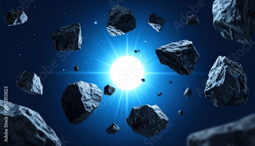 Asteroids floating in space around the sun.