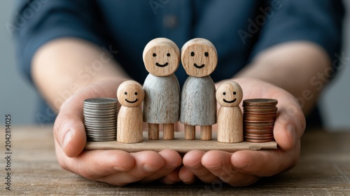 Hands holding wooden figurines of a happy family surrounded by stacks of coins, symbolizing financial security and family support.