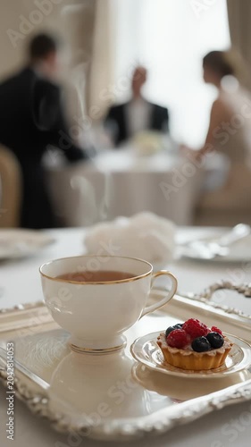 Steaming Hot Cup of Tea with Berry Fruit Tart