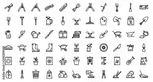 Tablou pe pânză Gardening Tools Line Icon Set Black Linear Horticulture Glyph Vector Collection