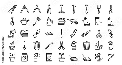 Fotografija Gardening Tools Black Linear Icon Set Horticultural Implements Outline Vector Co