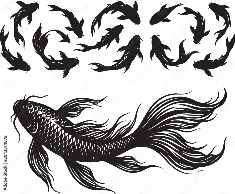 Fototapeta premium Black fish icons, swimming fish silhouettes, betta fish vector, aquatic animal illustrations
