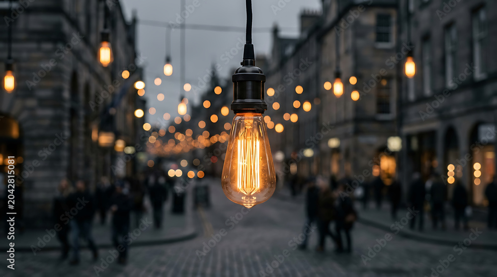 Obraz premium Edison light bulb hanging in a blurred city street at twilight