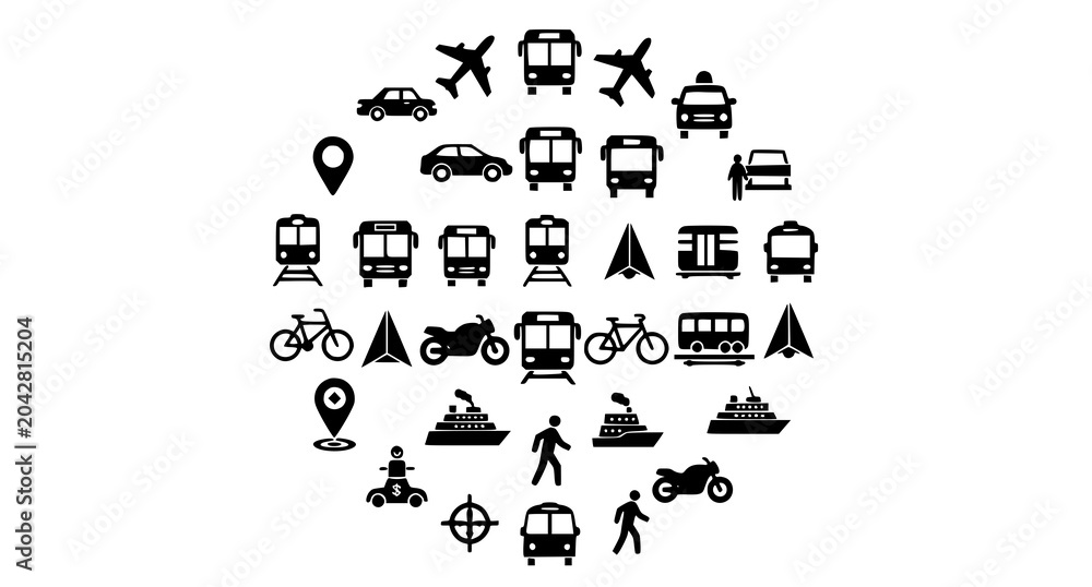 Naklejka premium Modern transportation and mobility icon collection with public transit and travel symbols vector