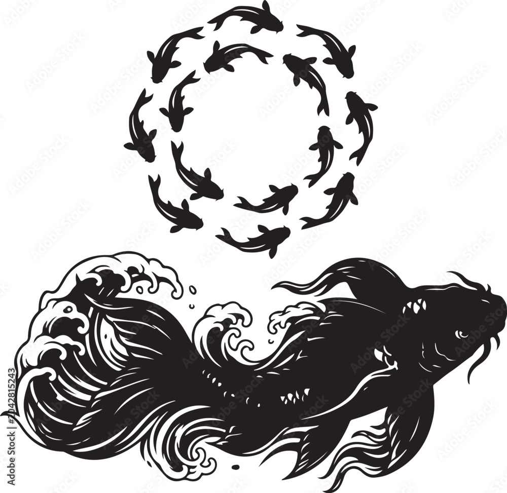 Fototapeta premium Black koi fish, wave, and circular dolphin silhouettes, vector illustration, aquatic animal icons