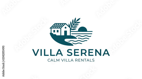 Vector logo for calm villa rentals with house, palm leaf, and ocean waves