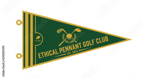 Golf club pennant with crossed clubs and ball, set against a white background