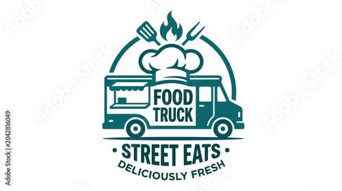 Food truck emblem with chef hat and utensils, street eats concept, teal vector illustration