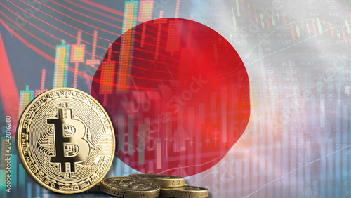 Obraz na płótnie Bitcoin Japan and the volatile financial market, depicted with yellow cryptocurrency, the national flag, and a red stock market chart showing a decline, along with digital trading data